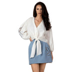 FIRA LINEN SHORT SHIRT WITH BRODERIE ANGLAISE SLEEVE - BILEYA COUTURE