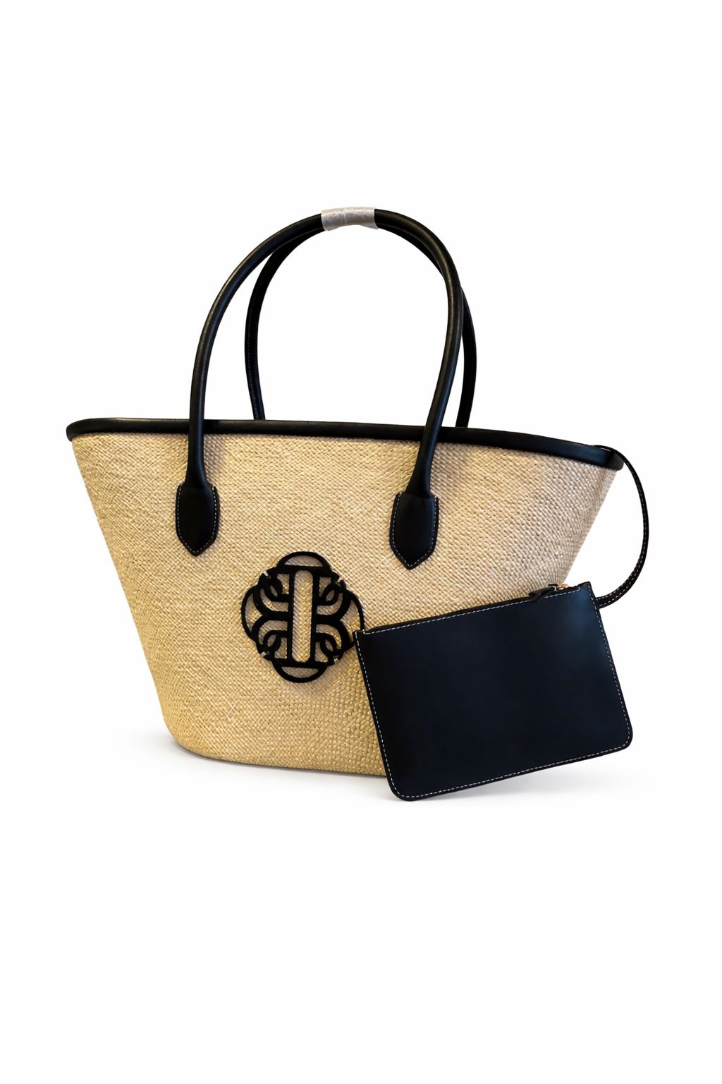 Woven handbag with black handles and a matching pouch by BILEYA COUTURE