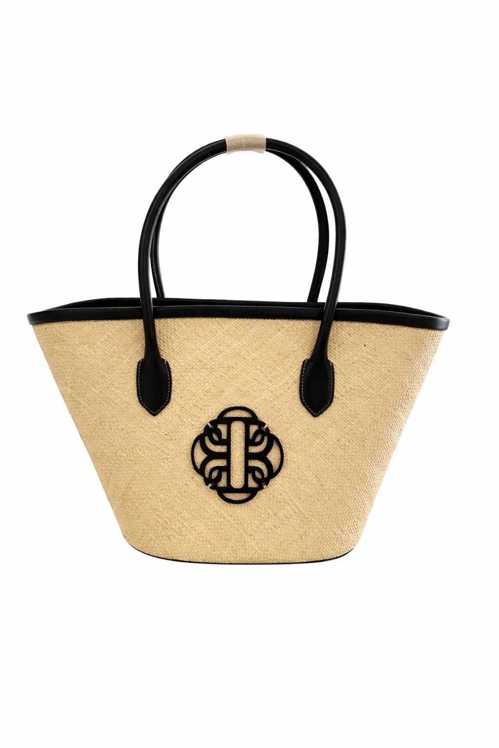 Beige straw tote bag with black handles and logo by BILEYA COUTURE