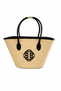Beige straw tote bag with black handles and logo by BILEYA COUTURE