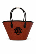 Brown woven handbag with black handle and logo by BILEYA COUTURE