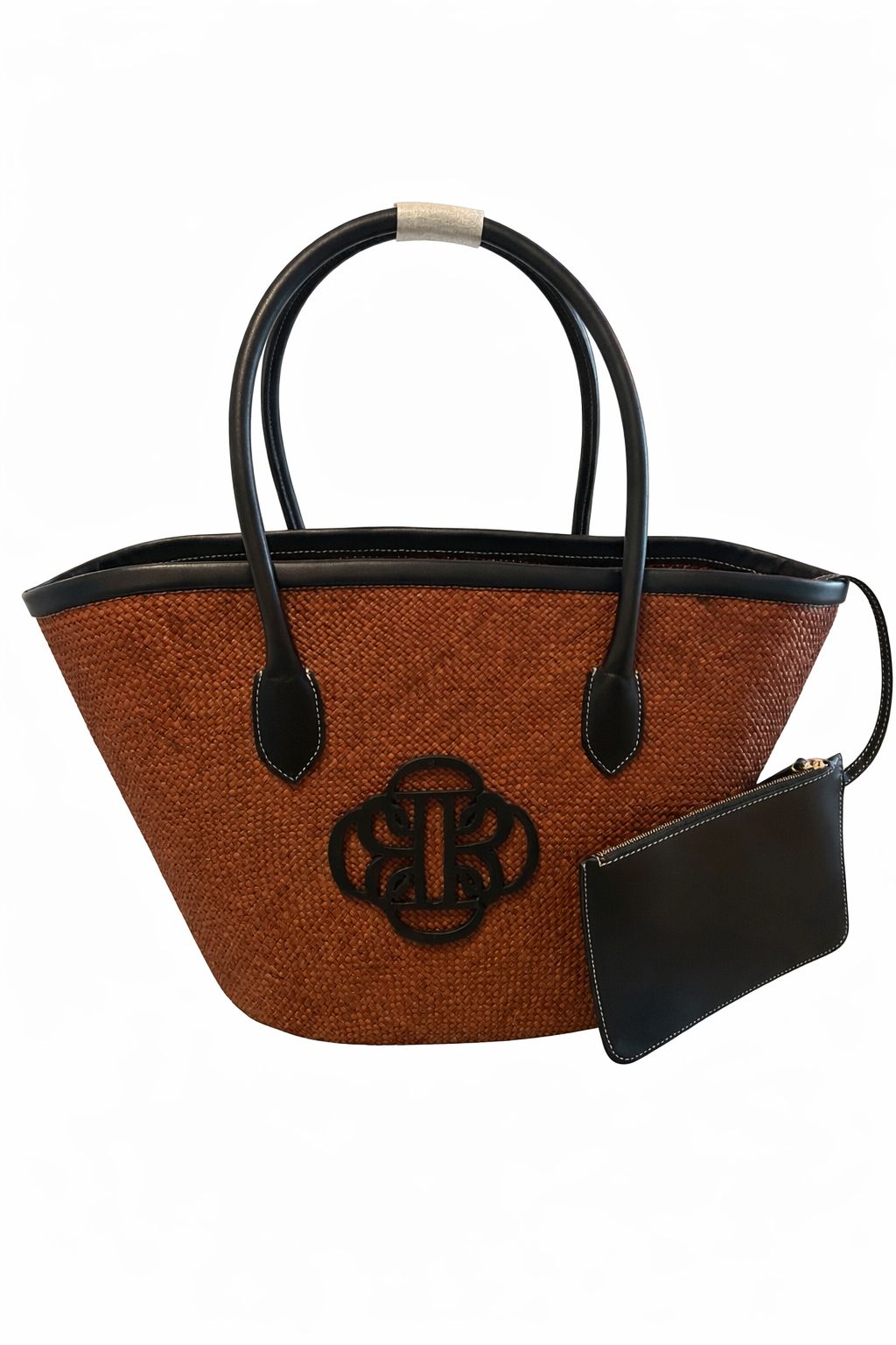 Brown handbag with black handles and a matching pouch by BILEYA COUTURE