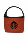 Small brown woven handbag with a black handle by BILEYA COUTURE