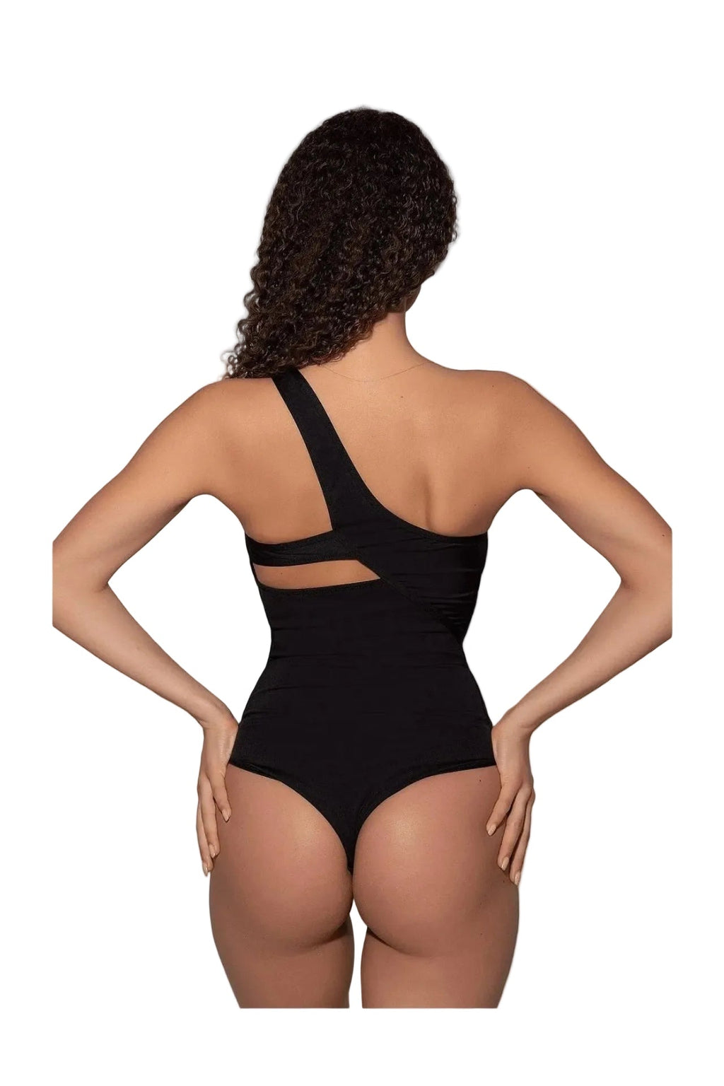Black swimsuit with cut-out design on a white background