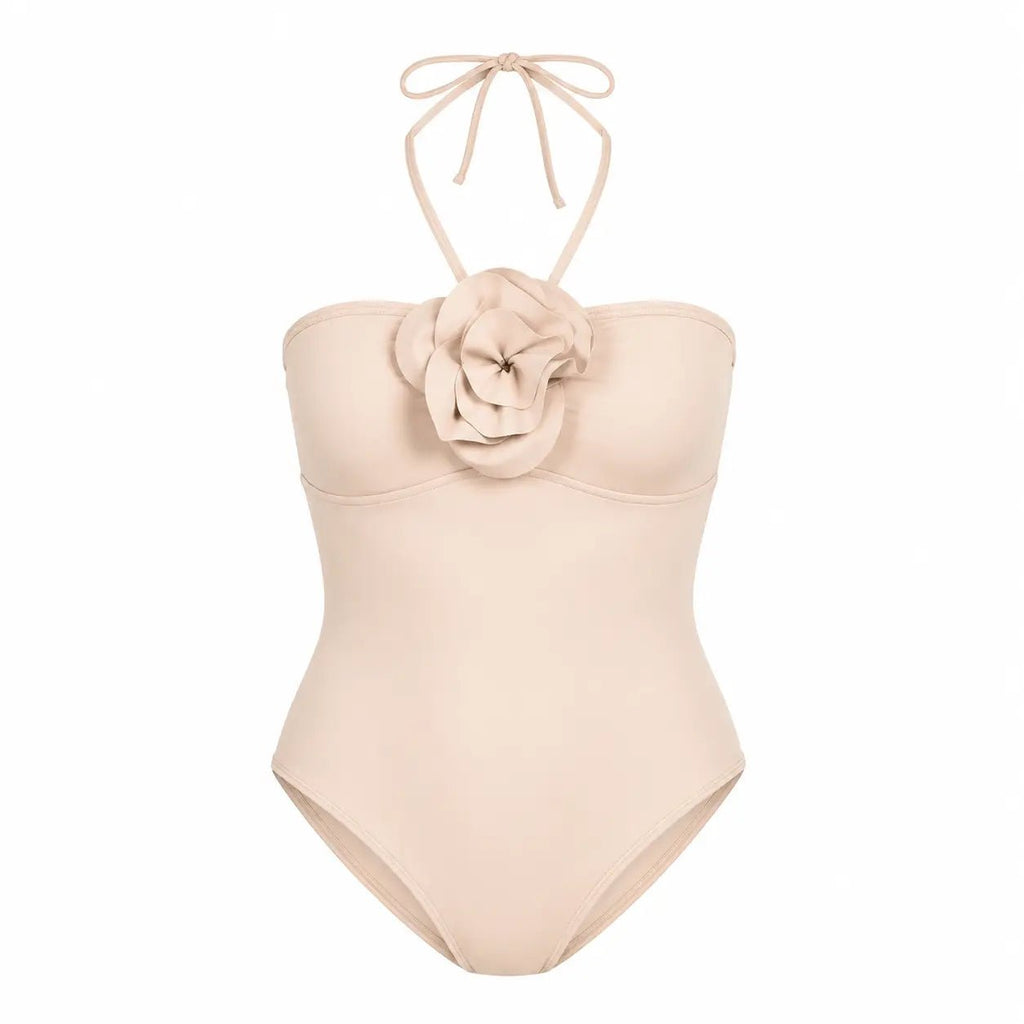 BILEYA COUTURE MAGNOLIA BEIGE high-end luxury designer one-piece swimsuit 3D front view with handmade magnolia flower
