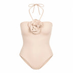 BILEYA COUTURE MAGNOLIA BEIGE high-end luxury designer one-piece swimsuit 3D front view with handmade magnolia flower

