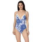 Front view of the BILEYA COUTURE MORGANA one-piece swimsuit featuring a handcrafted floral crochet bodice, elegant silhouette, and premium recycled Italian fabric in a limited-edition luxury swimwear design.
