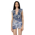 MORGANA Sleeveless Resort Top by BILEYA COUTURE featuring blue floral print, ruffled neckline, and luxurious silk chiffon fabric