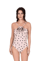 ROSETTA BEIGE One-Piece by BILEYA COUTURE – luxury polka dot swimsuit with handmade rose and elegant high-end resort wear