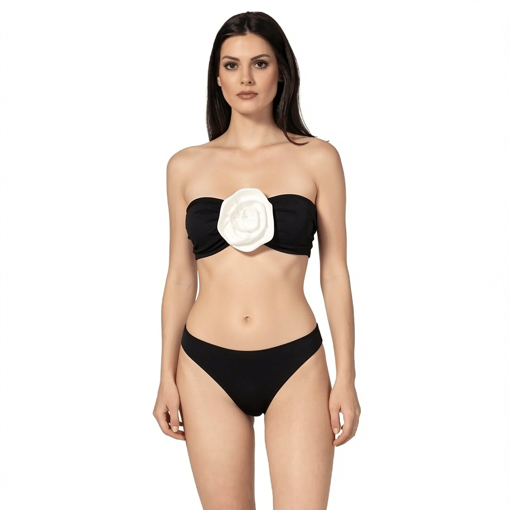 ROZALI BLACK a black bikini with a white flower design by BILEYA COUTURE