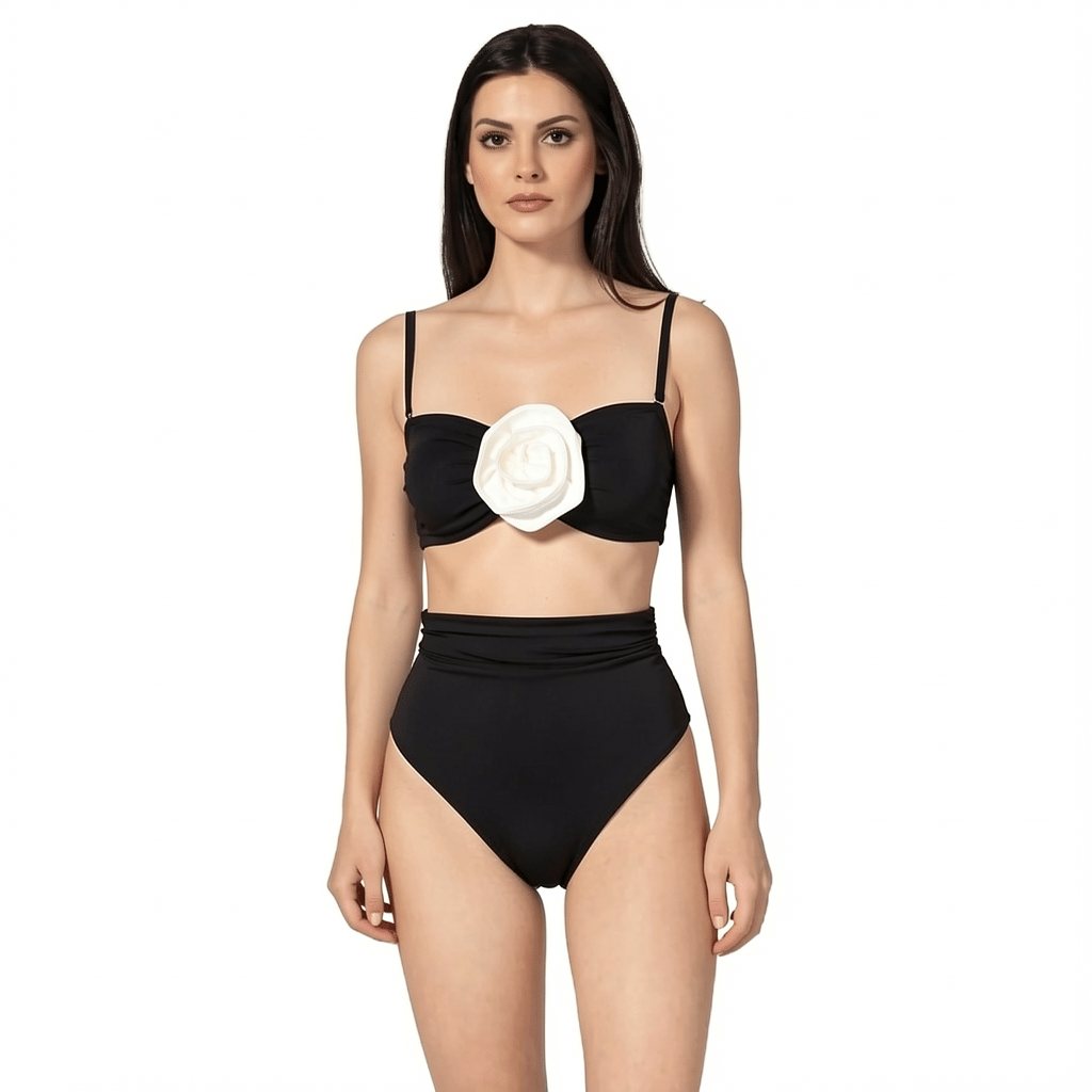 ROZALI BLACK a black bikini with a white flower design by BILEYA COUTURE