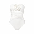 ROZALI WHITE 3D front view by BILEYA COUTURE – luxury white one-piece swimsuit with couture rose and boutique resort style