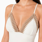 Close-up of handcrafted knit detail on white luxury bikini by BILEYA COUTURE, showcasing premium artisanal designer swimwear