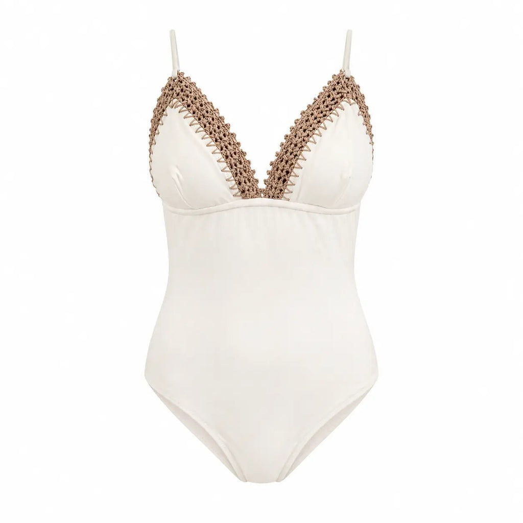 Samara white one-piece swimsuit with brown crochet trim by BILEYA COUTURE