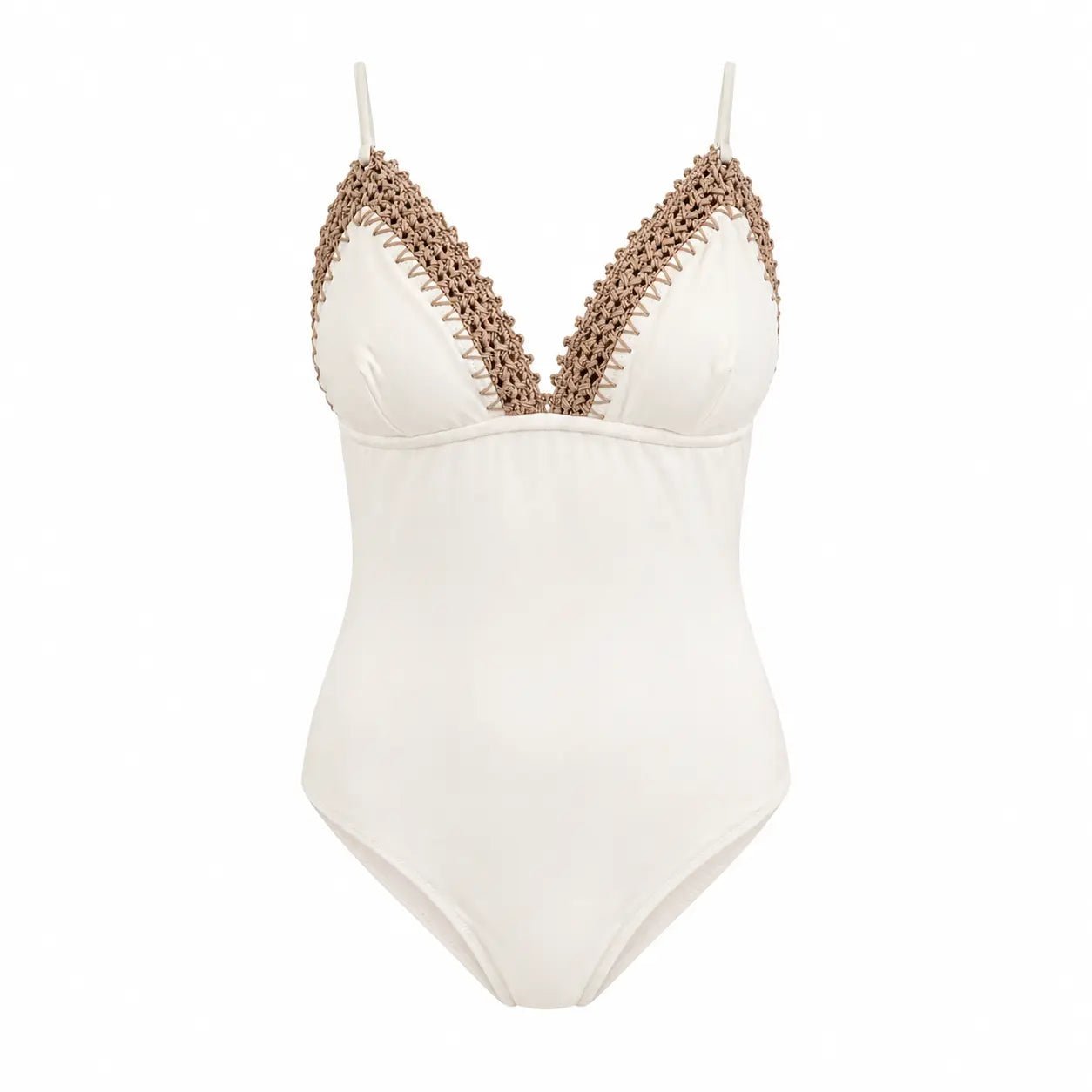 Samara white one-piece swimsuit with brown crochet trim by BILEYA COUTURE