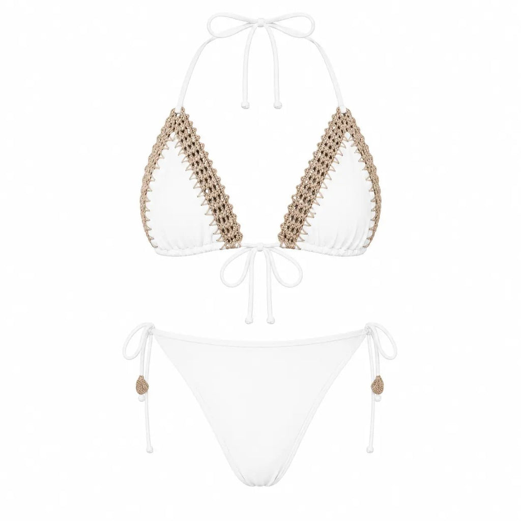 Front view of white luxury bikini with gold details by BILEYA COUTURE, premium designer swimwear on a clean white background